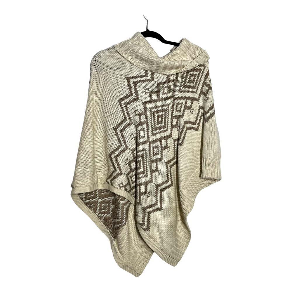 Sonoma Life Style Women Poncho Sweater L XL Cream Brown Geometric Aztec CowlNeck - Picture 4 of 8